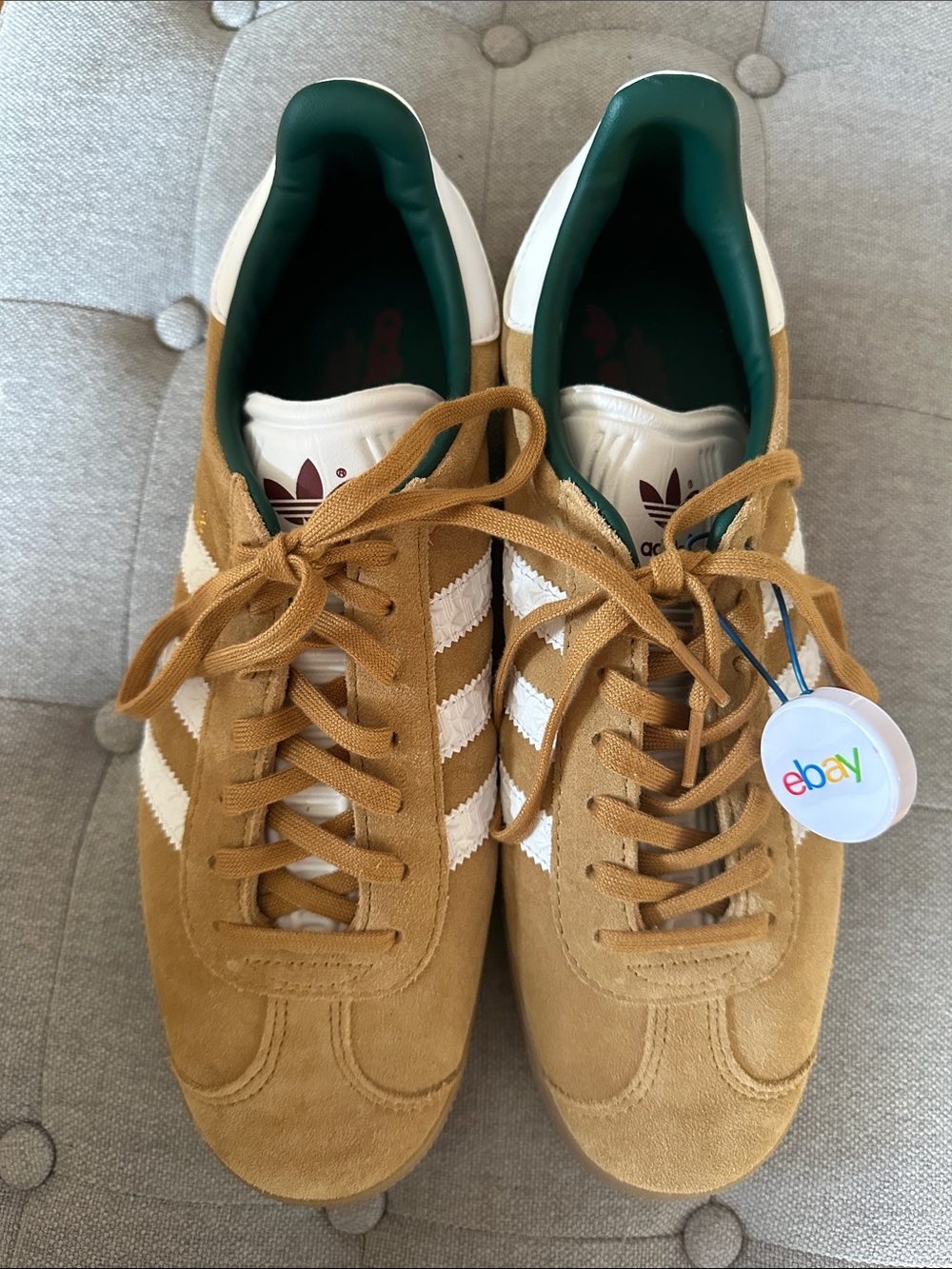 adidas Men’s Gazelles Tan Suede Sneakers with White Stripes and Green Lining